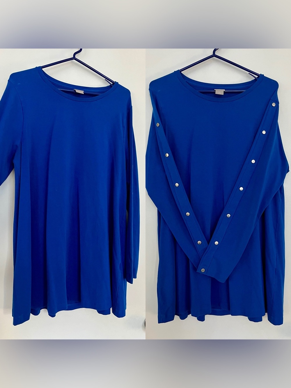 Chico’s long sleeve button detail soft jersey tunic royal blue size L (Chico’s s
